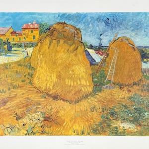 Vincent van Gogh exhibition poster - Haystacks in Provence - museum artist - vintage art print - offset lithograph - 1970s