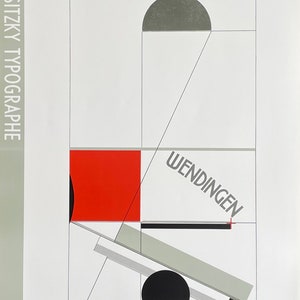 Puede incluir: Un póster en blanco y negro con formas geométricas y el texto "WENDINGEN" en gris. El póster tiene un esquema de color gris, rojo y negro. El texto "EL LISSITZKY TYPOGRAPHE" está en el margen izquierdo.