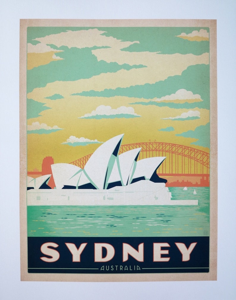 Australiensk turismposter - Sydney - Operahuset - Harbour Bridge - resor - turism - konsttryck bild 1