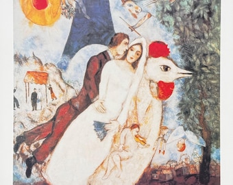 Marc Chagall exhibition poster - Les Fiances de la Tour Eiffel - museum artist - art print - love - lovers - tower - 1999