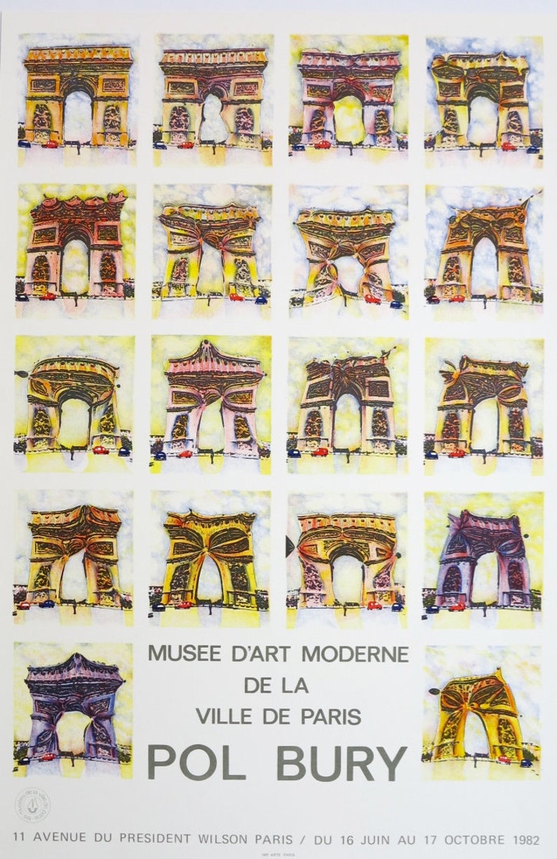 Pode incluir: Um cartaz para uma exposi&ccedil;&atilde;o de arte que apresenta 16 aquarelas do Arco do Triunfo em Paris do artista Pol Bury. A exposi&ccedil;&atilde;o acontece no Museu de Arte Moderna da Cidade de Paris de 16 de junho a 17 de outubro de 1982.