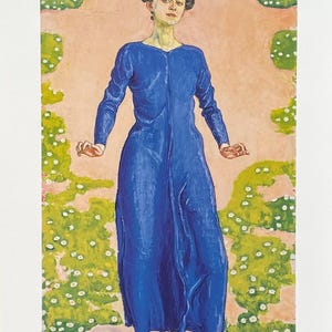 May include: A full-length painting of a person in a long, vibrant blue dress. The figure stands in a field of green and white flowers against a peach-colored background. The artwork has a classic, artistic style.