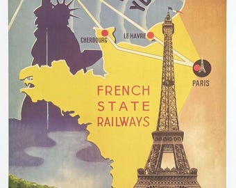 French State Railways exhibition poster - Paris - Le Havre - Cherbourg - Eiffel Tower - train - Travel - Tourism - art print - reproduction