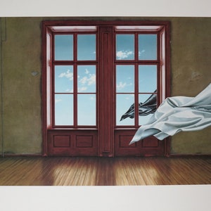 Könnte beinhalten: Ein Gemälde, das einen Raum mit einem großen Fenster und einem weißen Vorhang zeigt, der im Wind weht. Das Fenster ist geöffnet und der Himmel ist draußen sichtbar. Der Raum ist leer und die Wände sind hellgrün.