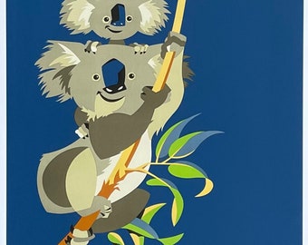 Australia tourism poster - Qantas - Koala - sun - sea - decorative art print - offset litho - reproduction