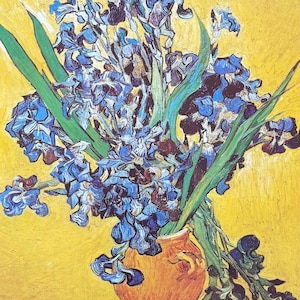 Cartel de la exposición de Vincent van Gogh - Los lirios - flores - jarrón - naturaleza muerta - azul - amarillo - artista del museo - impresión artística