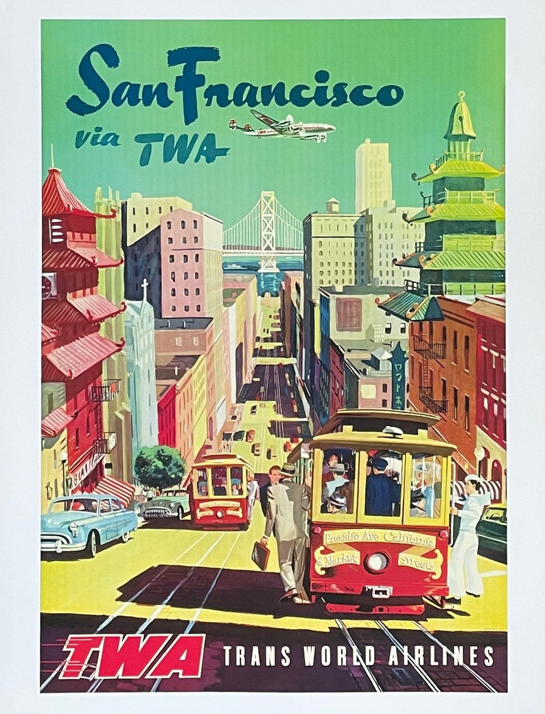 Cartaz de turismo da Trans World Airlines - São Francisco por TWA - Golden Gate - viagens - férias - impressão de arte decorativa - litografia offset imagem 1