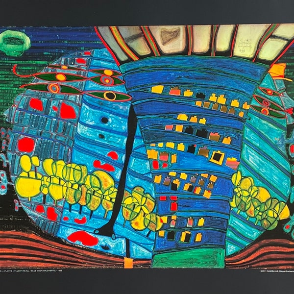 Hundertwasser exhibition poster - Der blaue mond - Atlantis - Flucht ins all - Blue moon waldviertel - art print - black - excellent