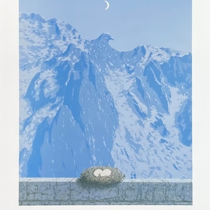 Cartaz da exposição de René Magritte - O Domínio de Arnheim - surrealista - artista belga - artista de museu - impressão de arte - pássaro - montanhas - ovos