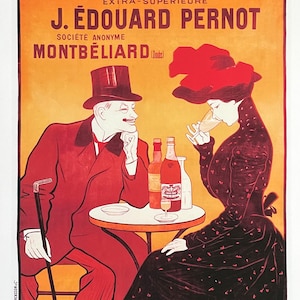 Puede incluir: Un anuncio vintage para Absinthe Extra-Supérieure J. Édouard Pernot, un licor francés. El anuncio presenta a un hombre y una mujer sentados a una mesa con botellas de absenta. El texto del anuncio dice "Absinthe Extra-Supérieure J. Édouard Pernot Société Anonyme Montbéliard (Doubs) La Société est seule concessionnaire de la Grande Marque "Liqueur Mont-Christ"