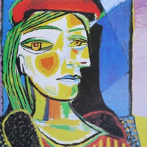 Pablo Picasso exhibition poster - Woman with red beret - female portrait - museum artist - art print - 1997 - excellent