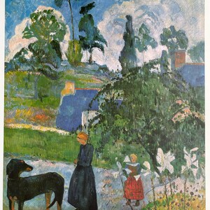 Cartel de la exposición de Paul Gauguin: Paisaje en Bretaña, mujer con perro, artista del museo, lámina artística.