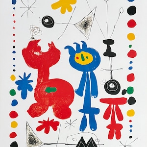 Joan Miro exhibition poster - Figure and birds - museum artist - art print - surrealism - offset litho - 1999