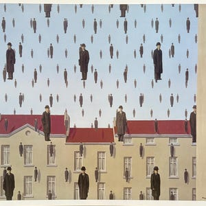 Cartaz da exposição de René Magritte - Golconde - homem com chapéu - chuva - surrealista - artista de museu - impressão de arte