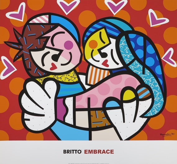 Romero Britto exhibition poster - Embrace - love - heart - museum artist  -art print - excellent condition - pop art