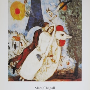 Cartaz da exposição de Marc Chagall - Les fiances de la tour Eiffel - artista do museu - impressão de arte - amor - amantes - torre - 1997