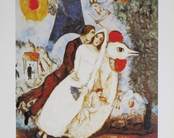 Marc Chagall exhibition poster - Les fiances de la tour Eiffel - museum artist - art print - love - lovers - tower - 1997