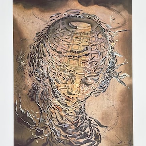 May include: A surrealist painting of a woman's face with a geometric pattern overlayed on top. The woman's face is obscured by the pattern, which is made up of squares and rectangles. The painting is done in a muted color palette of browns, grays, and blacks.