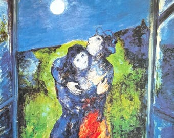 Cartel de la exposición de Marc Chagall - Amantes a la luz de la luna - Artista de museo - Lámina artística - 1999