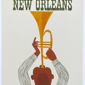 Afiche turístico de Nueva Orleans - United Air Lines - Trompeta - Música Jazz - Viajes - Vacaciones - Impresión de arte decorativo - Litografía offset