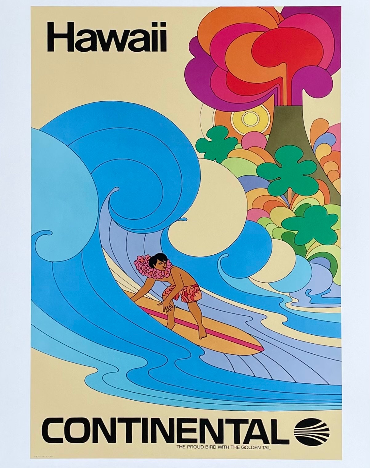 Hawaii Urlaubs Poster - Continental Fluglinien - Surfing - dekorativer Kunstdruck - Offset Litho - Reproduktion