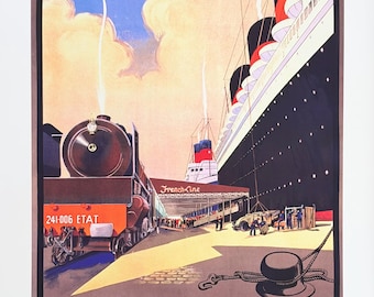 Trans Atlantic exhibition poster - Paris - Le Havre - New York - train - ship - transportation - travel - tourism - art print