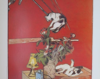 Peter Sengl - pôster da exposição - Meine Katze mit anderen bewerfen - impressão de galeria vintage - 1985