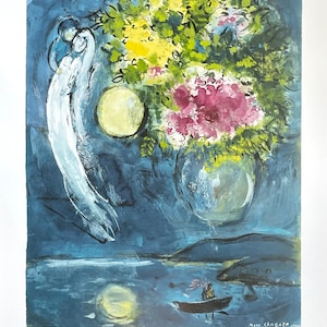 Marc Chagall exhibition poster Lovers and vase with flowers museum artist art print blue still life 1994 image 1