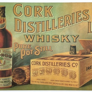 Cartel de la exposición Irish Whiskey - Cork Distilleries - aplausos - bebidas - impresión de arte - litografía offset - restaurante - bar - reproducción