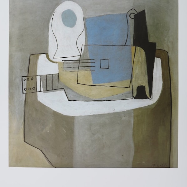 Affiche d'exposition Pablo Picasso - Guitare, Bouteille et Bol de fruits - nature morte - gris - couleurs terre - artiste de musée - tirage d'art