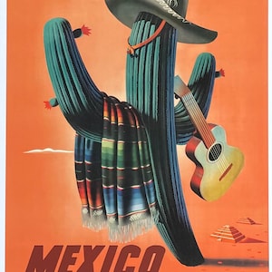 Mexico tourism poster - cactus - sun - travel - holidays - decorative art print - offset litho
