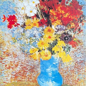 Cartel de la exposición de Vincent van Gogh - Jarrón azul con flores rojas y amarillas - Artista del museo - Impresión artística - Litografía offset - Naturaleza muerta