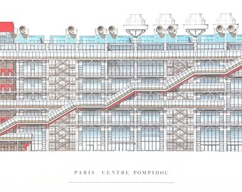 Paris Centre Pompidou exhibition poster - famous building - contemporary art - historical architecture - museum - art print - architect