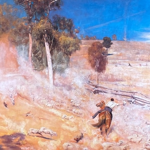 May include: An oil painting depicts a man on horseback chasing sheep through a dusty landscape. The scene is set in a rural area with trees, a wooden fence, and a bright blue sky. The artwork uses warm, earthy tones.