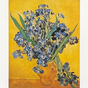 Cartel de la exposición Vincent van Gogh - Los lirios - flores - jarrón - naturaleza muerta - azul - amarillo - artista del museo - impresión de arte