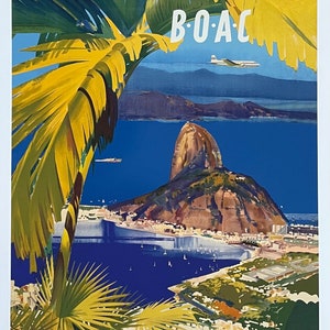 Cartaz de turismo do Rio de Janeiro - Voe para a América do Sul pela BOAC - sol - mar - viagens - férias - impressão de arte decorativa - reprodução