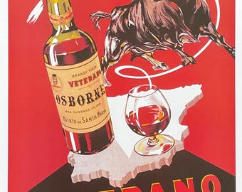 Cartel de la exposición "Osborne Veterano" - Brandy - Coñac - Salud - Bebidas - Lámina decorativa - Restaurante - Bar - Toro - Reproducción