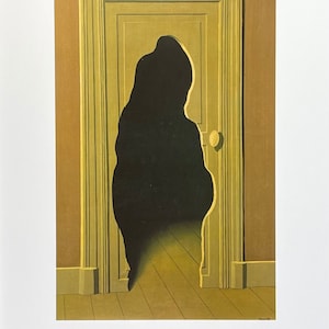 Cartaz da exposição de René Magritte - A resposta inesperada - surrealista - artista belga - figura feminina na porta - artista do museu - impressão de arte
