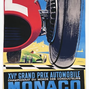 May include: A vintage poster advertising the 16th Grand Prix Automobile, a Formula One race in Monaco, held on May 18, 1958. The poster features a red race car with the number "2" on the side, a close-up of a tire, and a green race car in the background.