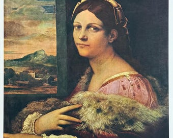 May include: A portrait painting of a person with brown hair wearing a light pink blouse with white ruffled sleeves and a dark red wrap adorned with a brown fur stole. The person holds a woven basket containing fruit near a window with a landscape.