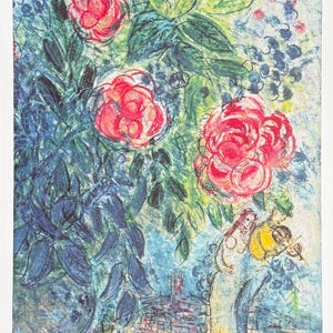 Cartel de la exposición de Marc Chagall - Flores y amantes - artista del museo - impresión artística - azul - naturaleza muerta - 1995