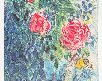 Marc Chagall exhibition poster - Flowers and lovers -  museum artist - art print - blue - still life - 1995