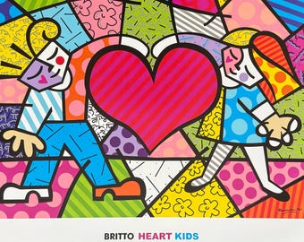 Romero Britto exhibition poster - Heart kids - love - museum artist - art print - excellent condition - pop art