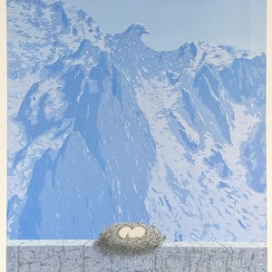Cartaz da exposição de René Magritte - O domínio de Arnheim - ovo - pássaro - azul - surrealista - artista de museu - impressão de arte