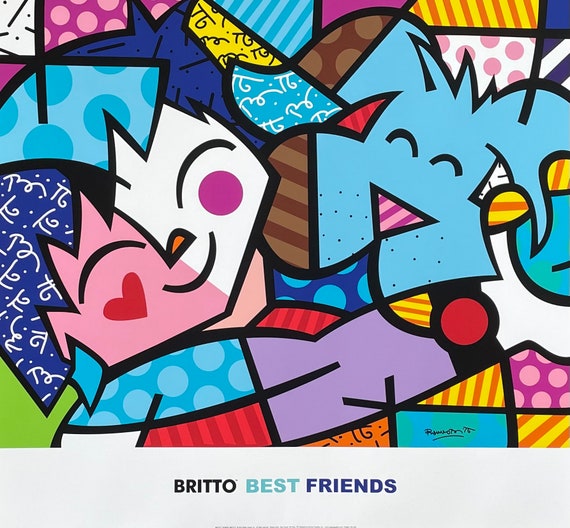 Romero Britto exhibition poster - Best Friends - love - dog - museum artist  - art print - excellent condition - pop art