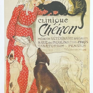 Op de afbeelding: Een vintage poster die reclame maakt voor een dierenkliniek genaamd "Clinique Chéron" in Parijs, Frankrijk. De poster toont een vrouw in een rode jurk, omringd door verschillende dieren, waaronder honden en katten. De tekst op de poster bevat het adres van de kliniek, het telefoonnummer en de aangeboden diensten.