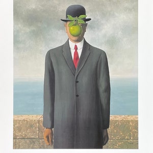 Cartaz da exposição de René Magritte - O filho do homem - surrealista - artista belga - homem com chapéu e maçã - artista de museu - impressão de arte