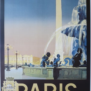 Paris exhibition poster - France - Fountain - Eiffel Tower - Airplane - decorative - travel tourism - 1994