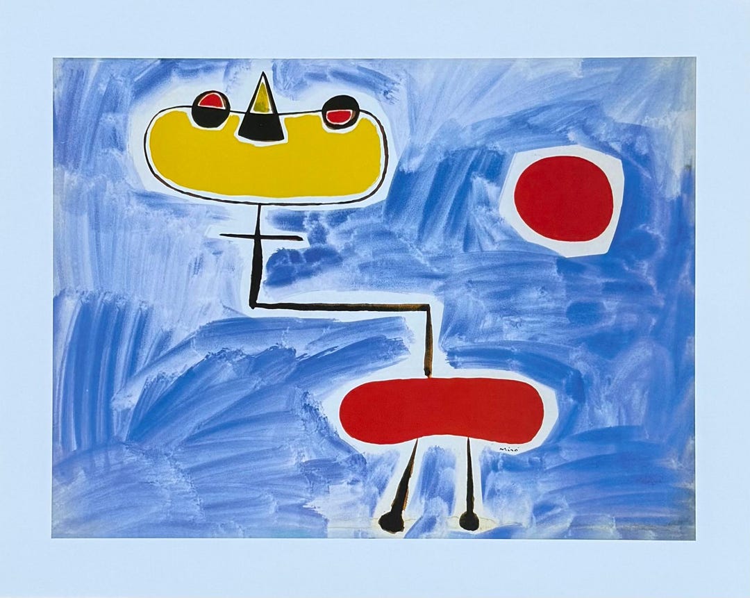ジョアン・ミロ、赤い太陽、希少画集画、新品額装付 ジョアン・ミロ展ポスター - 赤い太陽の前に立つ人物 - 美術館