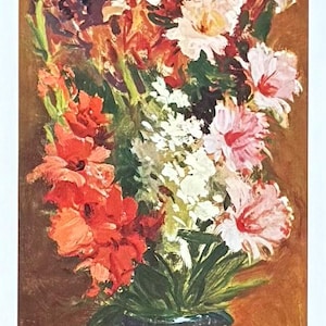 May include: An oil painting of a vibrant floral arrangement in a dark blue pitcher. The bouquet features red, white, pink, and purple flowers with green foliage, set against a warm brown background.